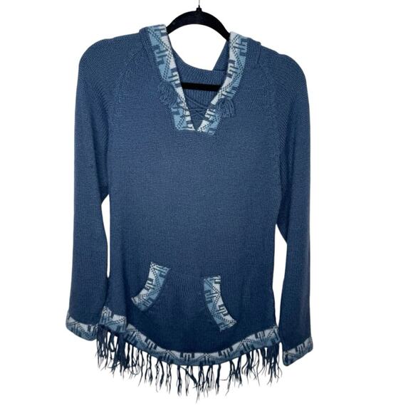 Handmade blue aztec printed fringe hooded 100% alpaca sweater / M - Picture 1 of 8